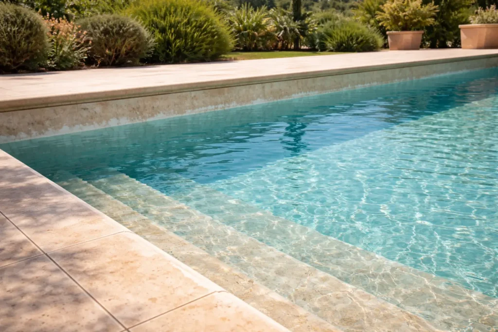 Piscine de villa dans le Var avec niveau d'eau bas indiquant une fuite, sous le soleil
