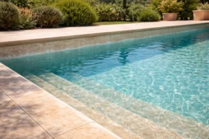 Piscine de villa dans le Var avec niveau d'eau bas indiquant une fuite, sous le soleil