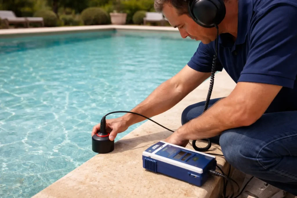 Technicien en polo bleu utilisant un équipement de détection acoustique professionnel pour localiser une fuite de piscine