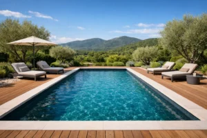 Rénovation piscine Var : résultat après pose de PVC armé gris moderne.