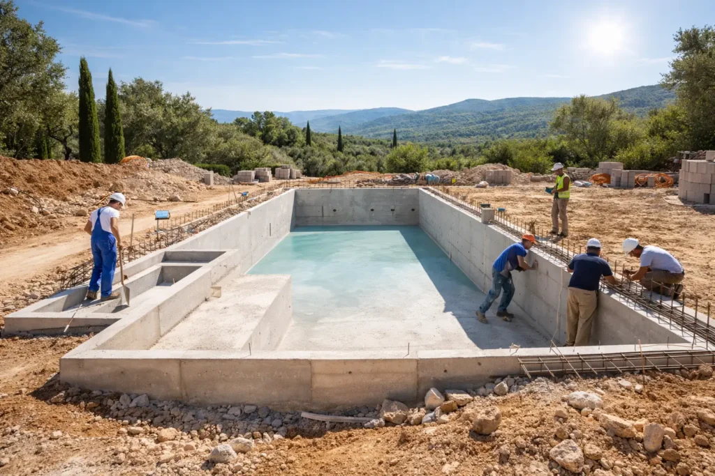 Chantier de construction piscine en béton armé dans le Var