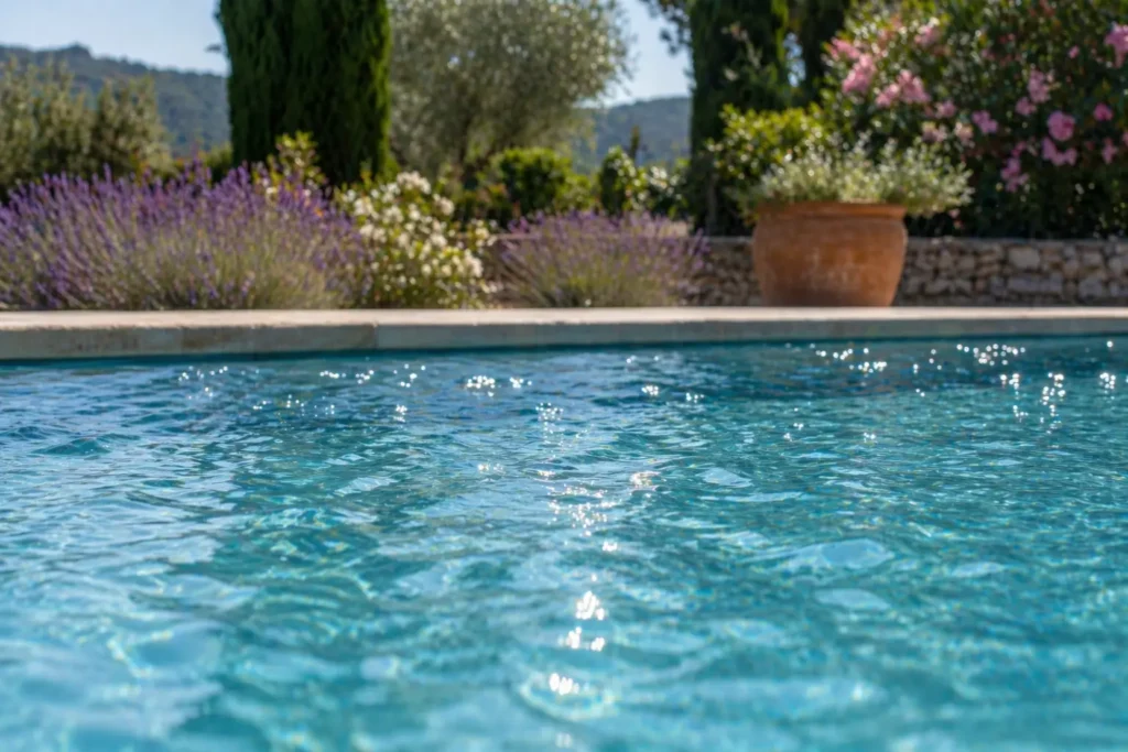 Évaporation naturelle de l'eau d'une piscine sous le soleil et le vent.
