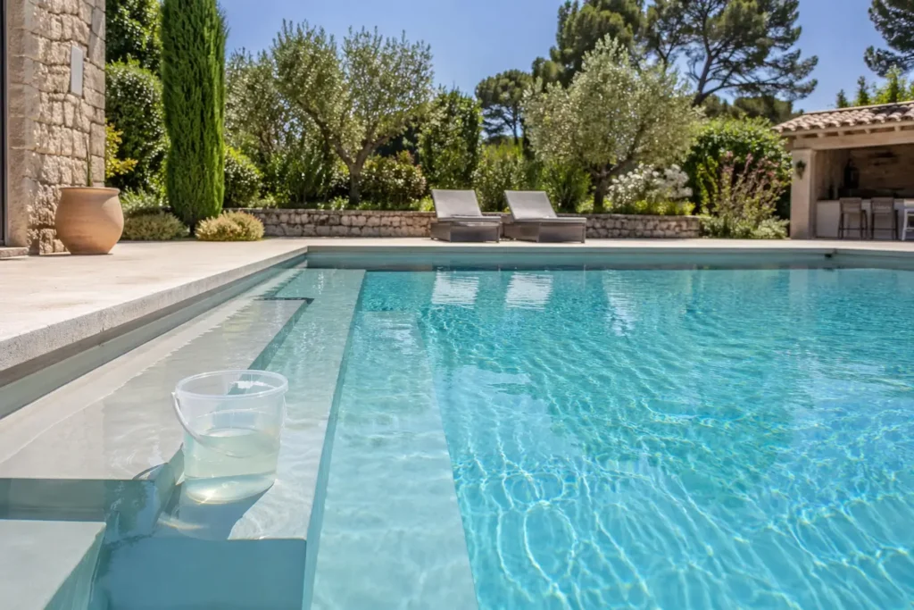 Test du seau pour mesurer l'évaporation d'une piscine dans le Var.